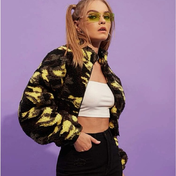 Fuzzy Camo Teddie Teddy Crop Cropped Jacket Coat - Picture 4 of 10